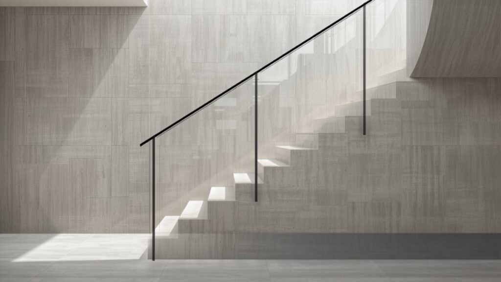 Escalera moderna de interior revestida en microcemento gris claro
